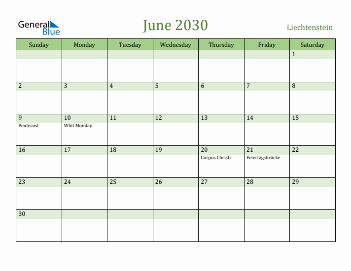 June 2030 Calendar with Liechtenstein Holidays