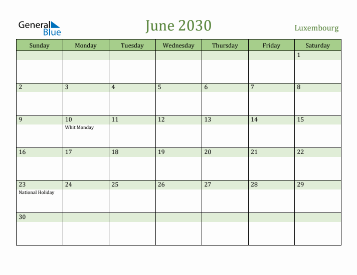 June 2030 Calendar with Luxembourg Holidays