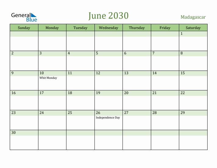 June 2030 Calendar with Madagascar Holidays