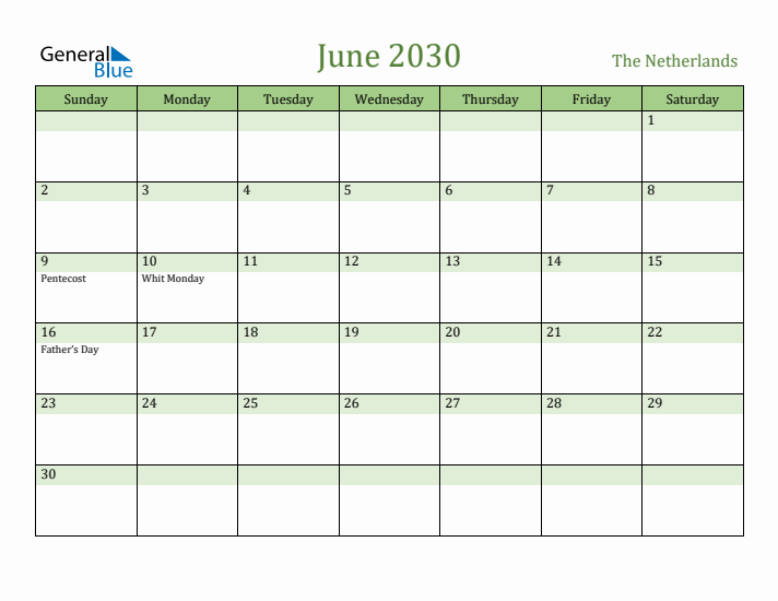 June 2030 Calendar with The Netherlands Holidays