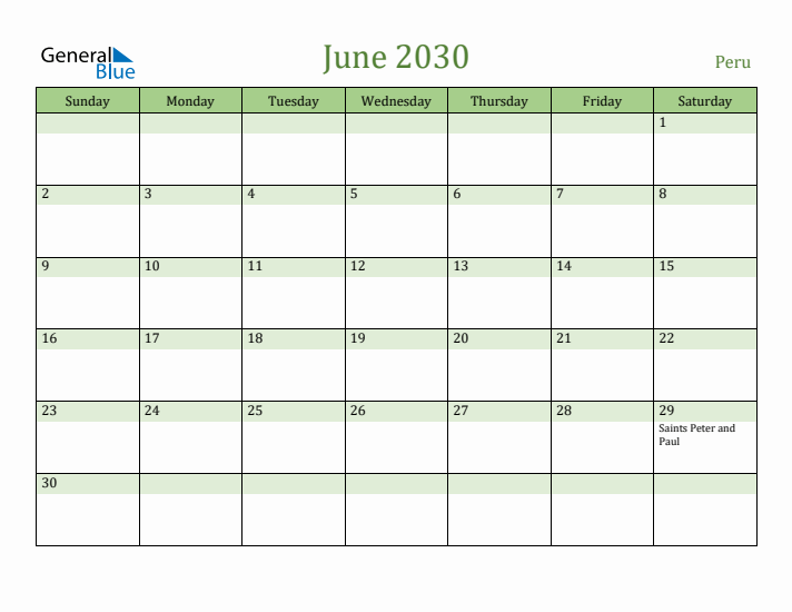 June 2030 Calendar with Peru Holidays