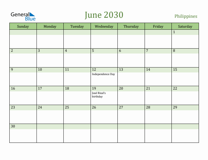 June 2030 Calendar with Philippines Holidays