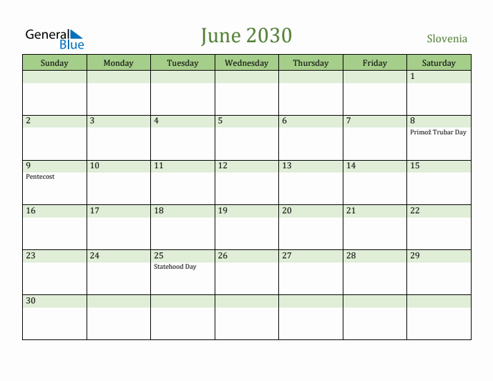 June 2030 Calendar with Slovenia Holidays