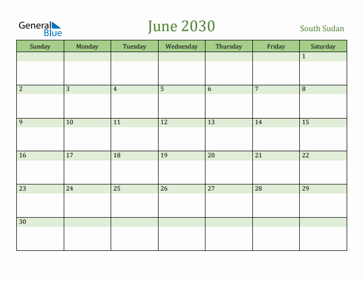 June 2030 Calendar with South Sudan Holidays