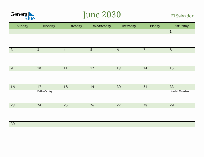 June 2030 Calendar with El Salvador Holidays