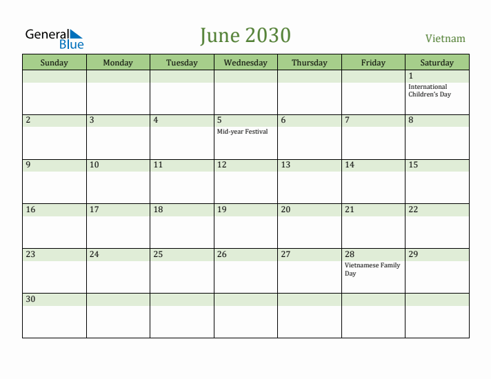 June 2030 Calendar with Vietnam Holidays