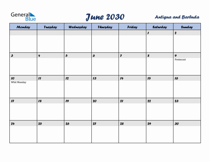 June 2030 Calendar with Holidays in Antigua and Barbuda