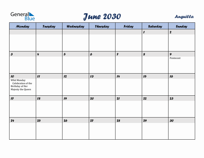 June 2030 Calendar with Holidays in Anguilla