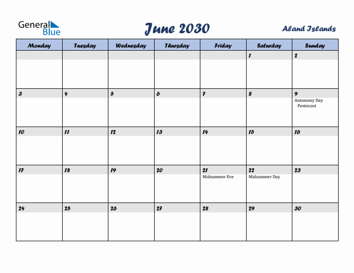 June 2030 Calendar with Holidays in Aland Islands