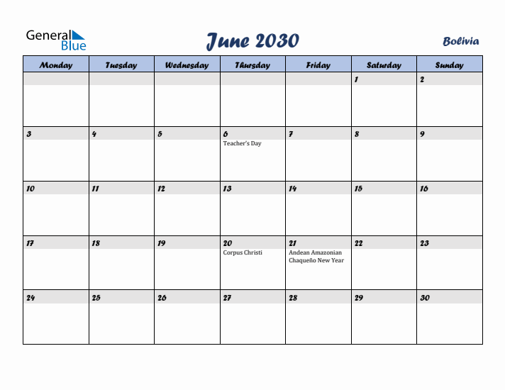 June 2030 Calendar with Holidays in Bolivia