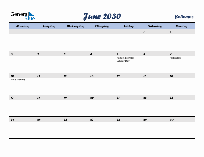 June 2030 Calendar with Holidays in Bahamas