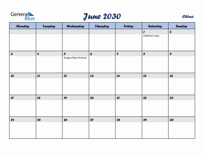 June 2030 Calendar with Holidays in China