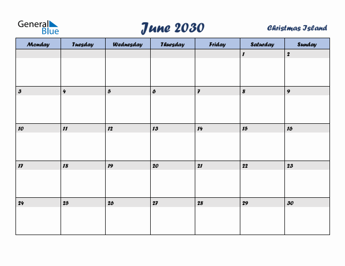 June 2030 Calendar with Holidays in Christmas Island