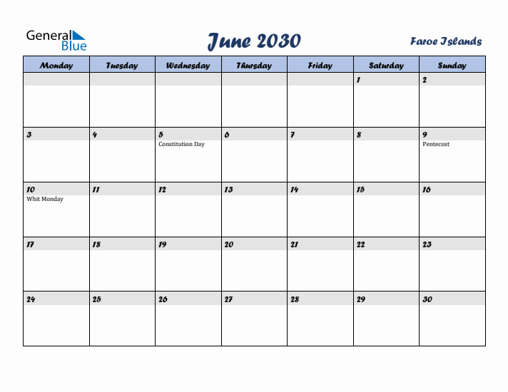June 2030 Calendar with Holidays in Faroe Islands