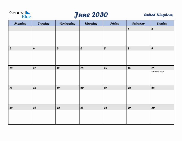 June 2030 Calendar with Holidays in United Kingdom