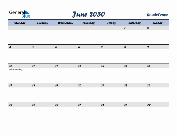 June 2030 Calendar with Holidays in Guadeloupe