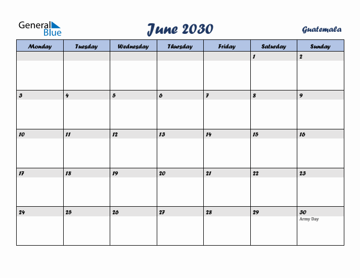June 2030 Calendar with Holidays in Guatemala