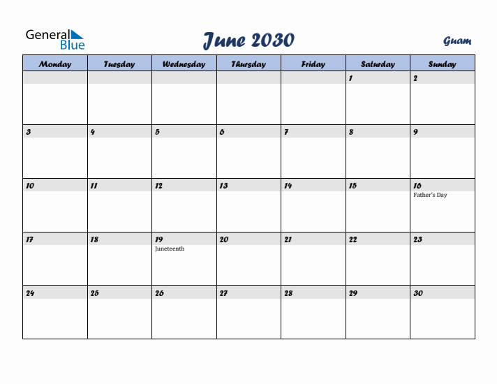 June 2030 Calendar with Holidays in Guam