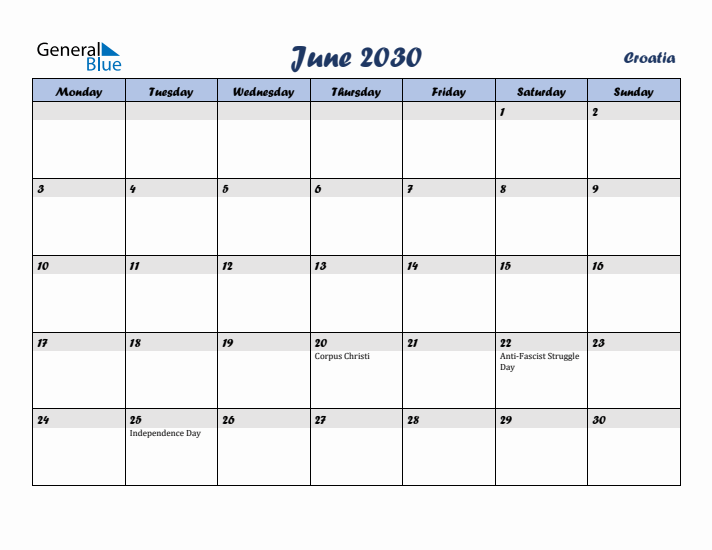 June 2030 Calendar with Holidays in Croatia