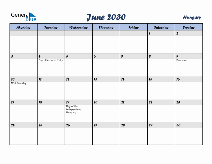 June 2030 Calendar with Holidays in Hungary