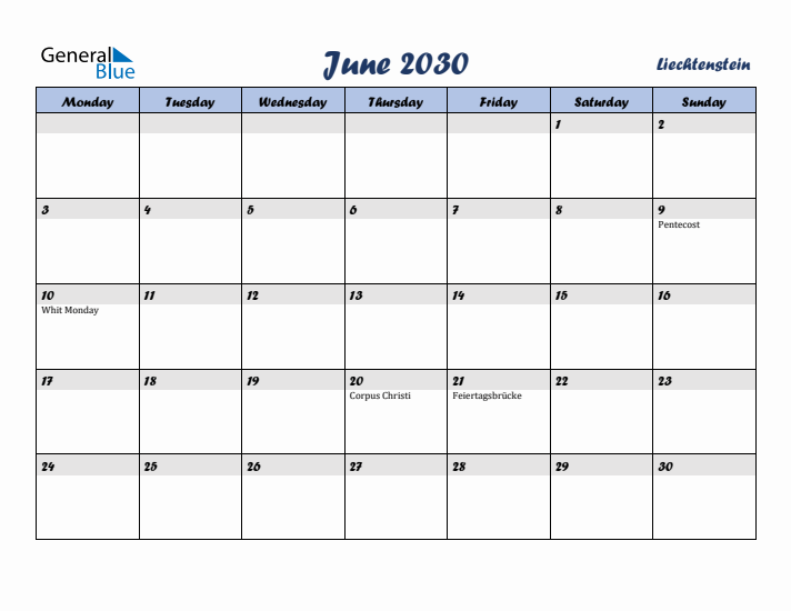 June 2030 Calendar with Holidays in Liechtenstein