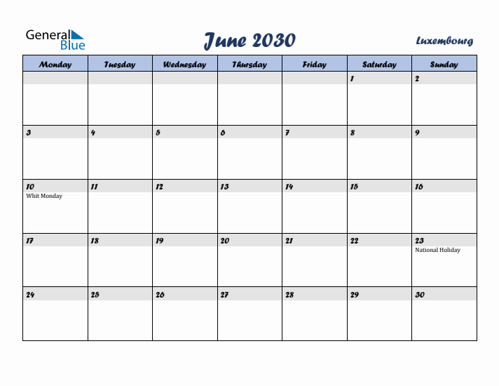 June 2030 Calendar with Holidays in Luxembourg