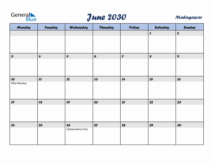 June 2030 Calendar with Holidays in Madagascar