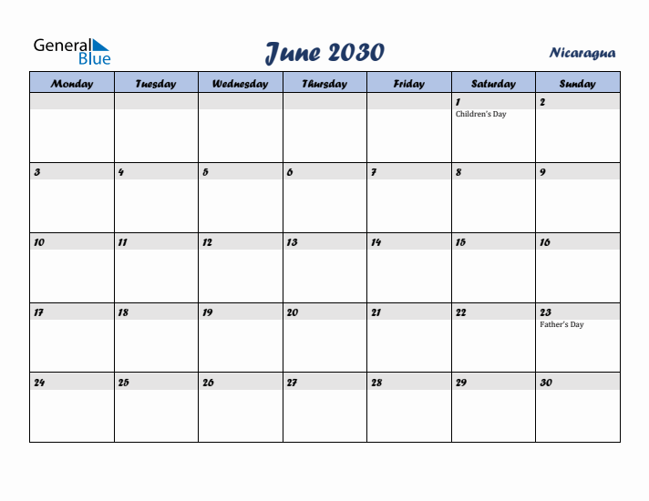 June 2030 Calendar with Holidays in Nicaragua