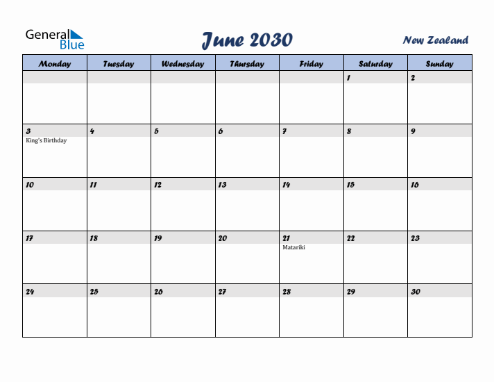June 2030 Calendar with Holidays in New Zealand