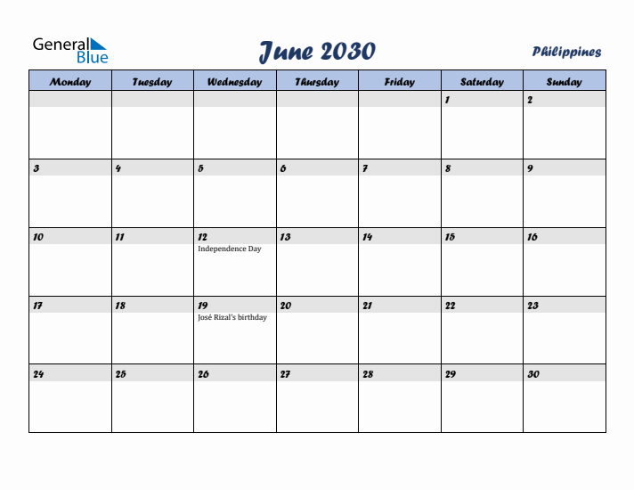 June 2030 Calendar with Holidays in Philippines