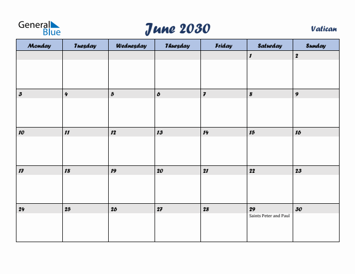 June 2030 Calendar with Holidays in Vatican