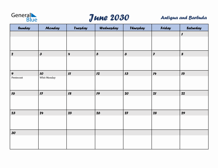 June 2030 Calendar with Holidays in Antigua and Barbuda