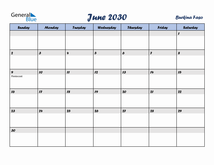 June 2030 Calendar with Holidays in Burkina Faso