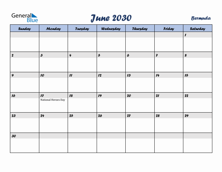 June 2030 Calendar with Holidays in Bermuda