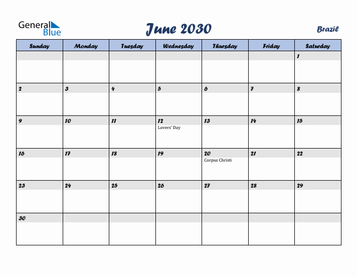 June 2030 Calendar with Holidays in Brazil