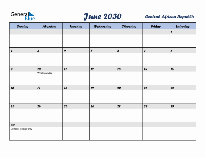 June 2030 Calendar with Holidays in Central African Republic