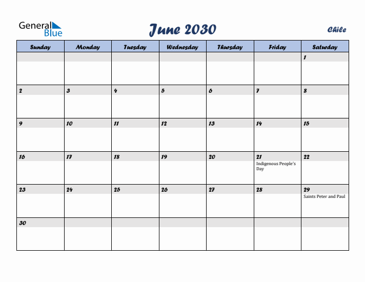 June 2030 Calendar with Holidays in Chile
