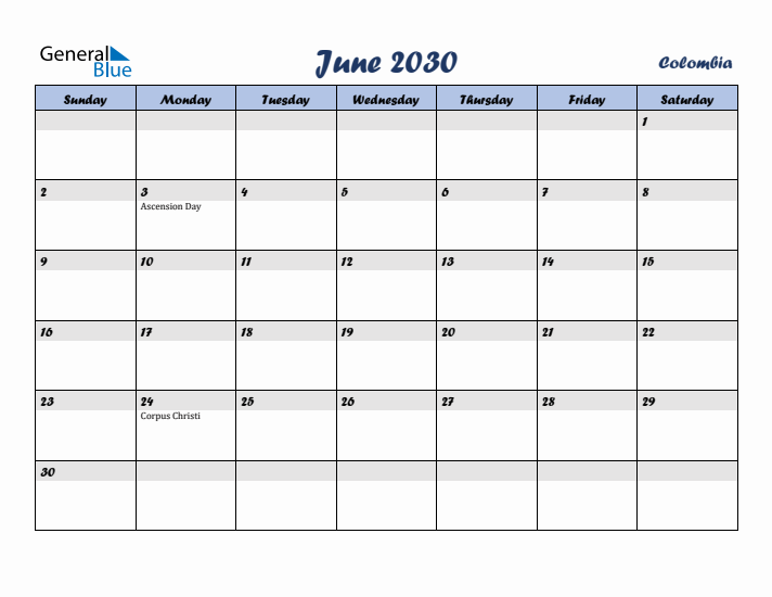 June 2030 Calendar with Holidays in Colombia