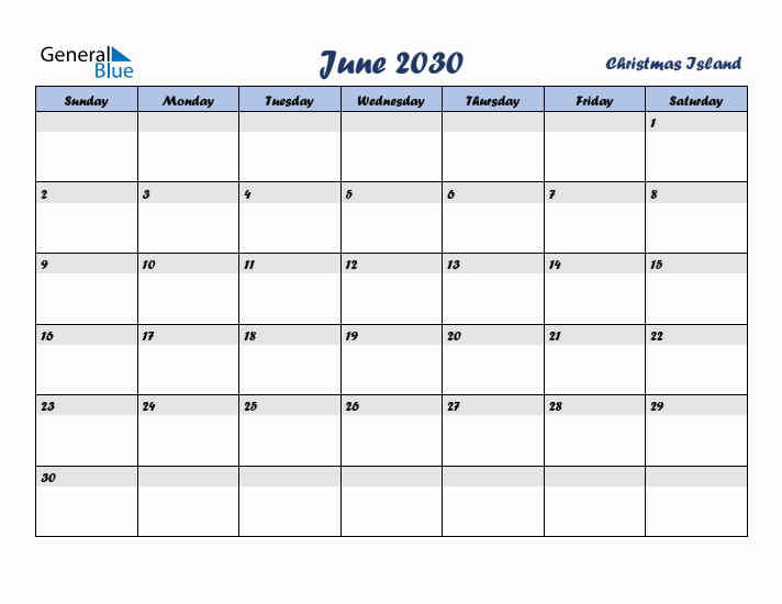 June 2030 Calendar with Holidays in Christmas Island