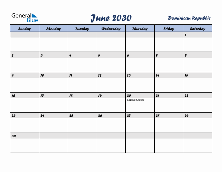June 2030 Calendar with Holidays in Dominican Republic