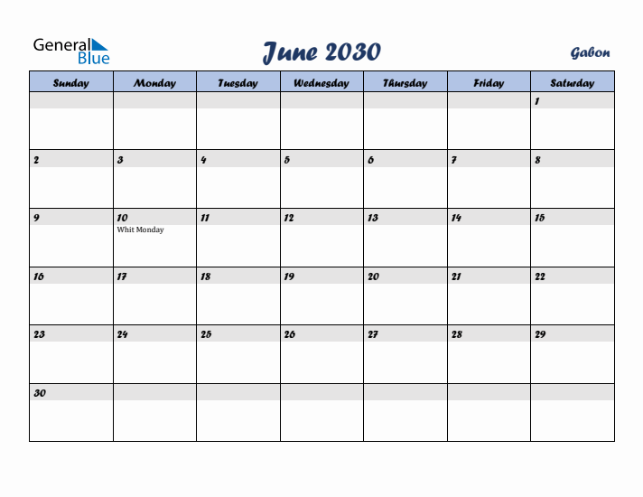 June 2030 Calendar with Holidays in Gabon