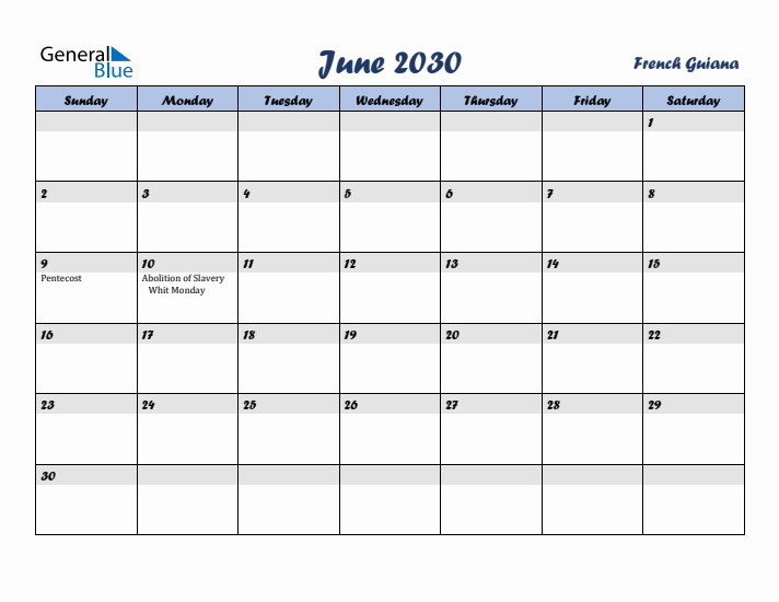 June 2030 Calendar with Holidays in French Guiana