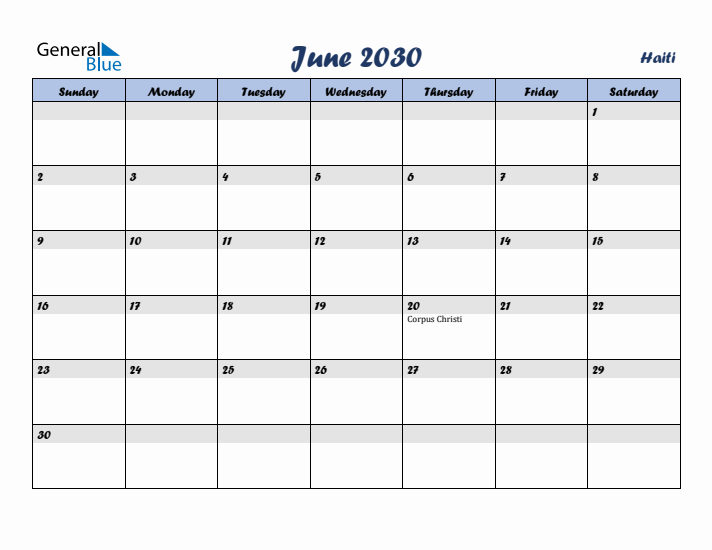 June 2030 Calendar with Holidays in Haiti