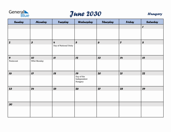 June 2030 Calendar with Holidays in Hungary