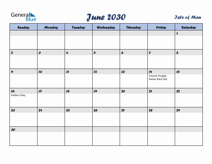 June 2030 Calendar with Holidays in Isle of Man