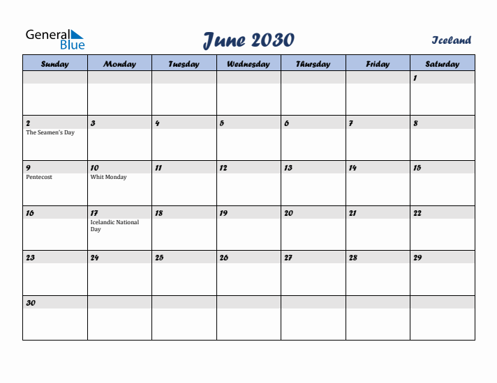June 2030 Calendar with Holidays in Iceland