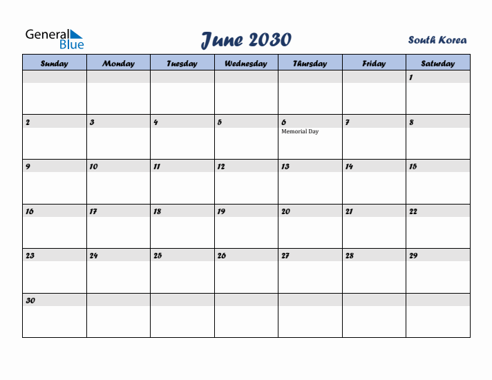 June 2030 Calendar with Holidays in South Korea