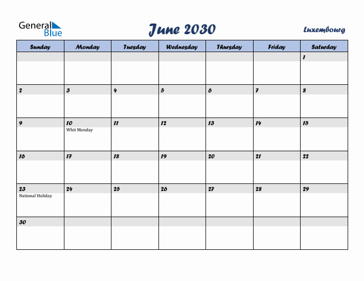 June 2030 Calendar with Holidays in Luxembourg