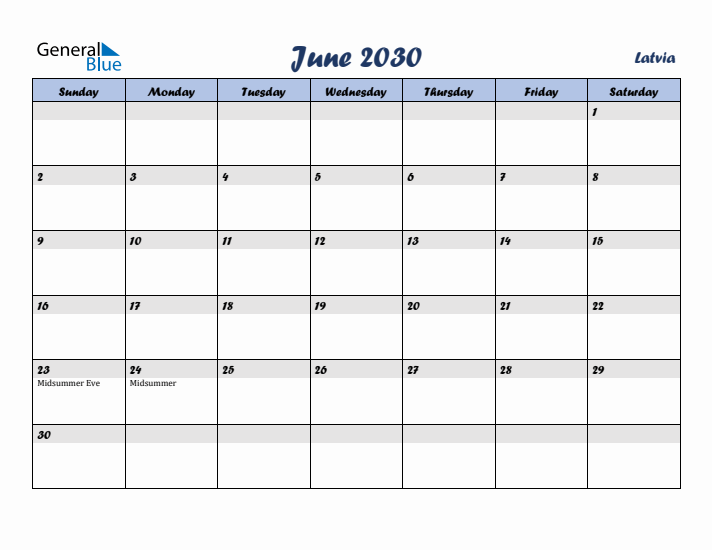 June 2030 Calendar with Holidays in Latvia