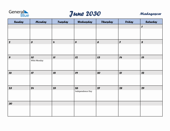 June 2030 Calendar with Holidays in Madagascar